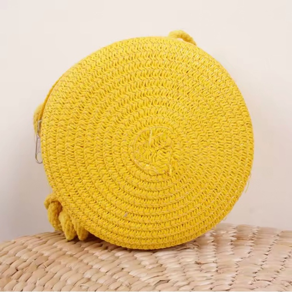 Round Yellow Woven Straw Raffia Round Crossbody Bag Purse Summer Handbag Bright - Picture 2 of 7